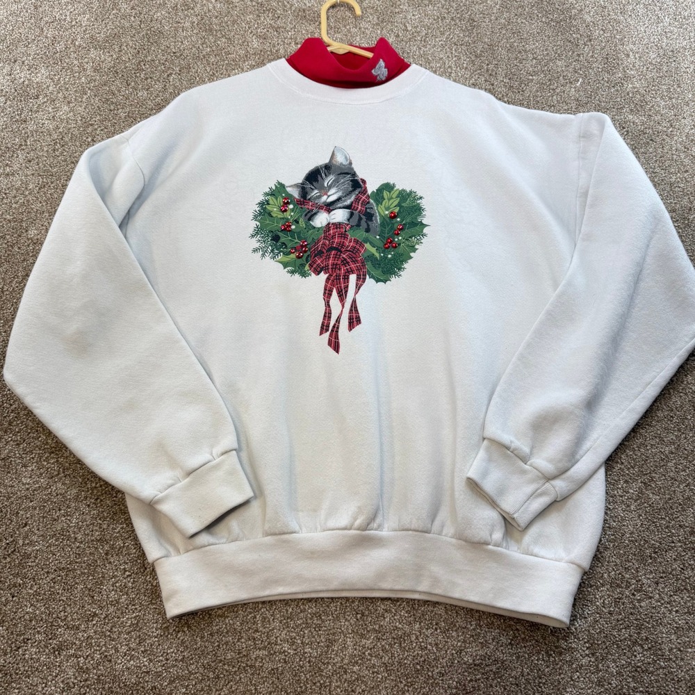 Orvis Womens Christmas Cat Wreath Sweatshirt White Red Mock Neck XL Grandmacore